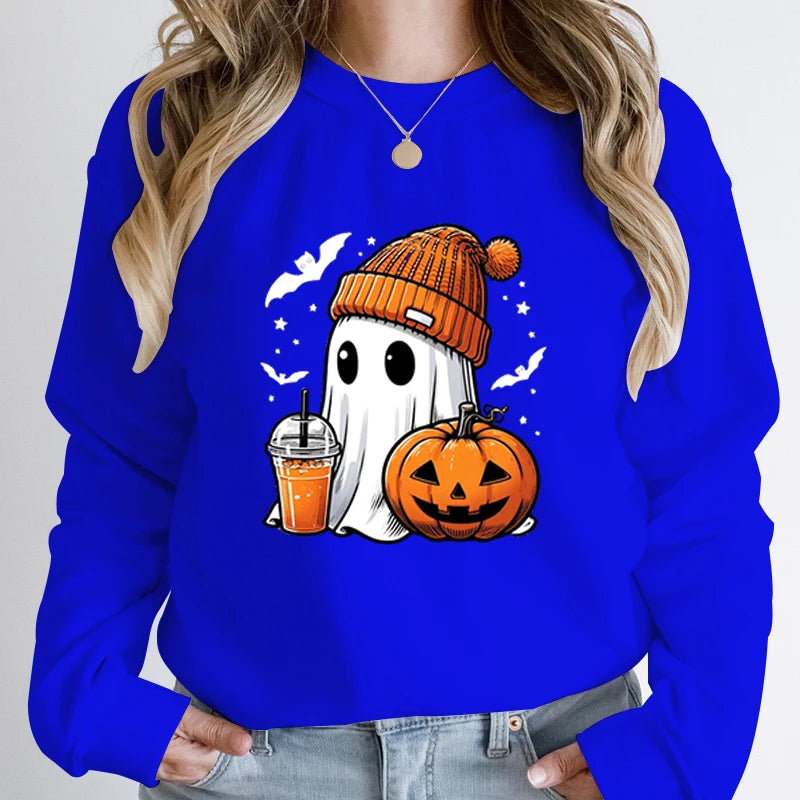 Women’s Halloween Sweatshirt – Creative Ghost, Pumpkin & Bat Print Long Sleeve Pullover, Hoodeless Fall Top
