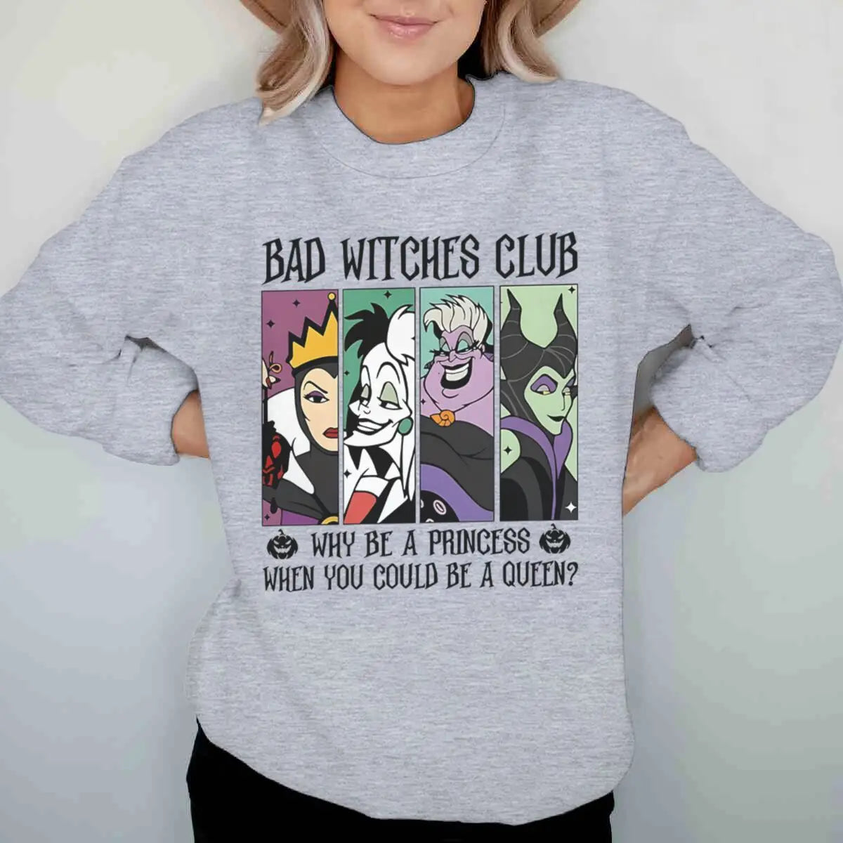 Vintage Disney Bad Witches Club Sweatshirt – Women’s Halloween Crewneck Pullover, Long Sleeve Fall & Winter Top