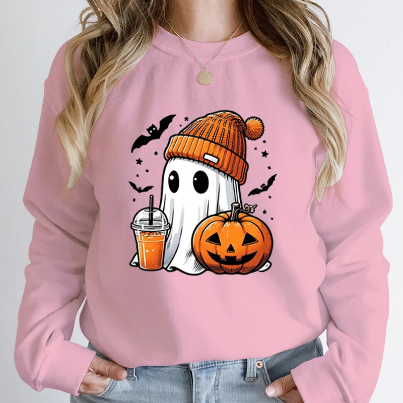 Women’s Halloween Sweatshirt – Creative Ghost, Pumpkin & Bat Print Long Sleeve Pullover, Hoodeless Fall Top