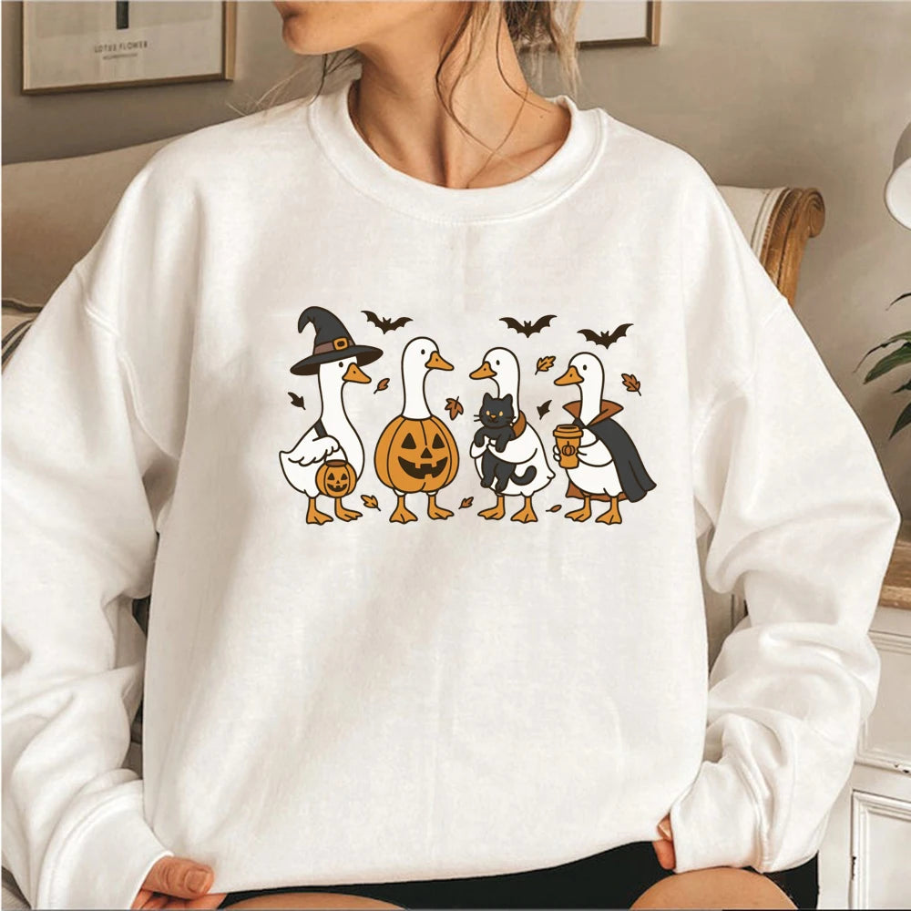 Halloween Goose Sweatshirt – Funny Women’s Long Sleeve Crewneck Pullover, Spooky Fall Streetwear Top