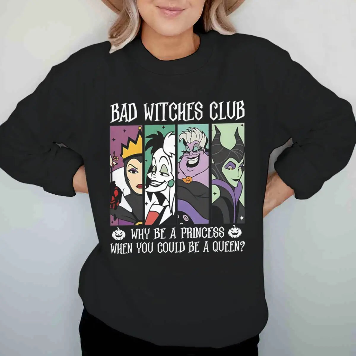 Vintage Disney Bad Witches Club Sweatshirt – Women’s Halloween Crewneck Pullover, Long Sleeve Fall & Winter Top
