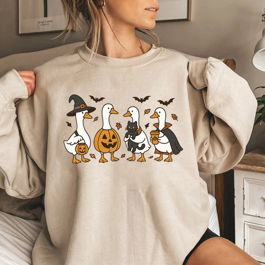 Halloween Goose Sweatshirt – Funny Women’s Long Sleeve Crewneck Pullover, Spooky Fall Streetwear Top