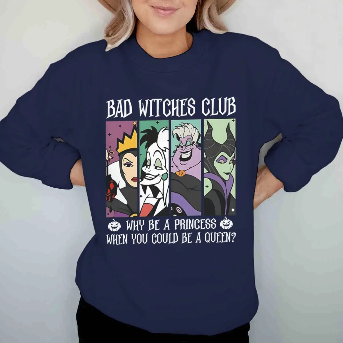 Vintage Disney Bad Witches Club Sweatshirt – Women’s Halloween Crewneck Pullover, Long Sleeve Fall & Winter Top