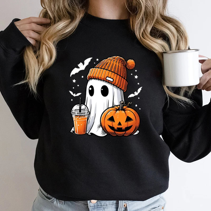 Women’s Halloween Sweatshirt – Creative Ghost, Pumpkin & Bat Print Long Sleeve Pullover, Hoodeless Fall Top