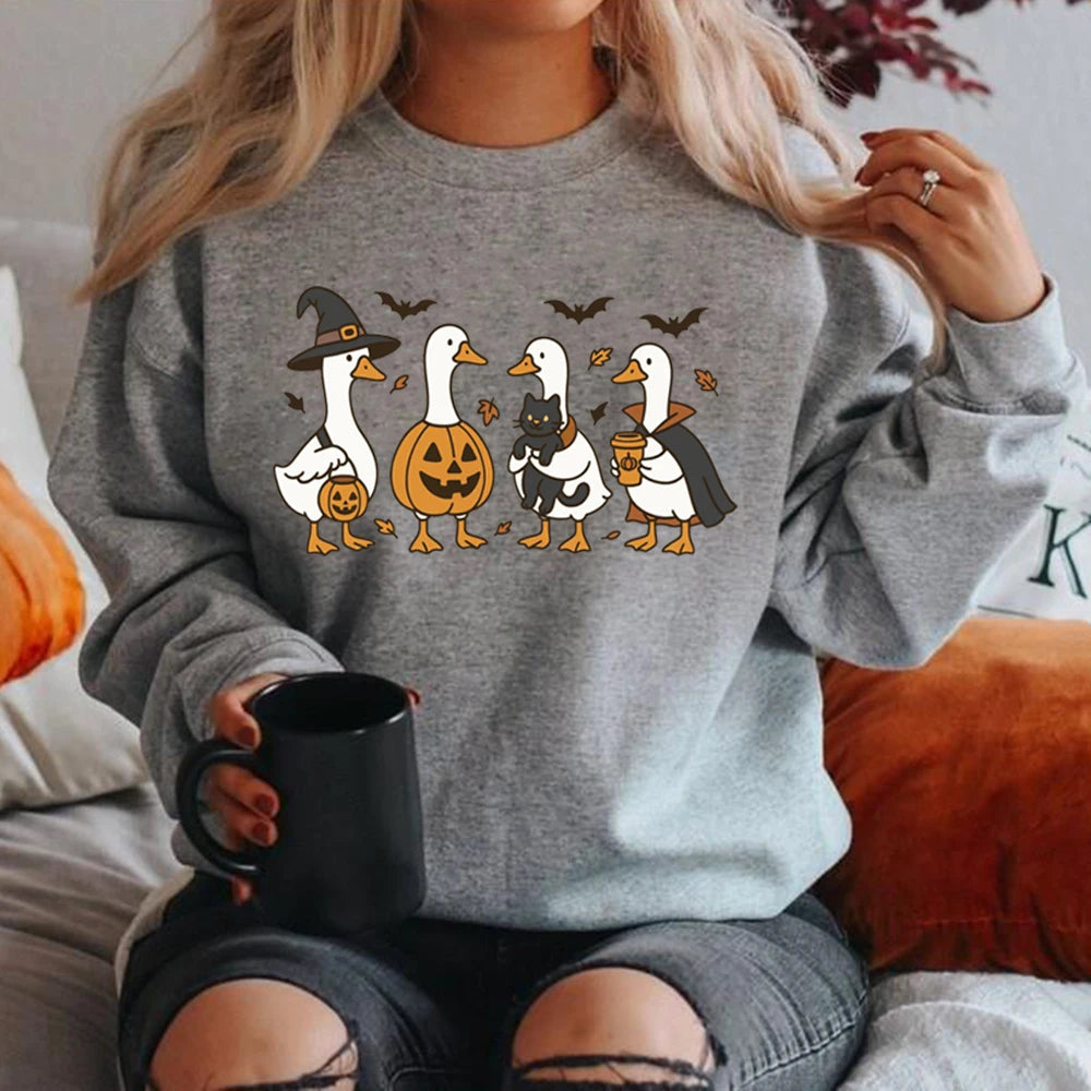 Halloween Goose Sweatshirt – Funny Women’s Long Sleeve Crewneck Pullover, Spooky Fall Streetwear Top