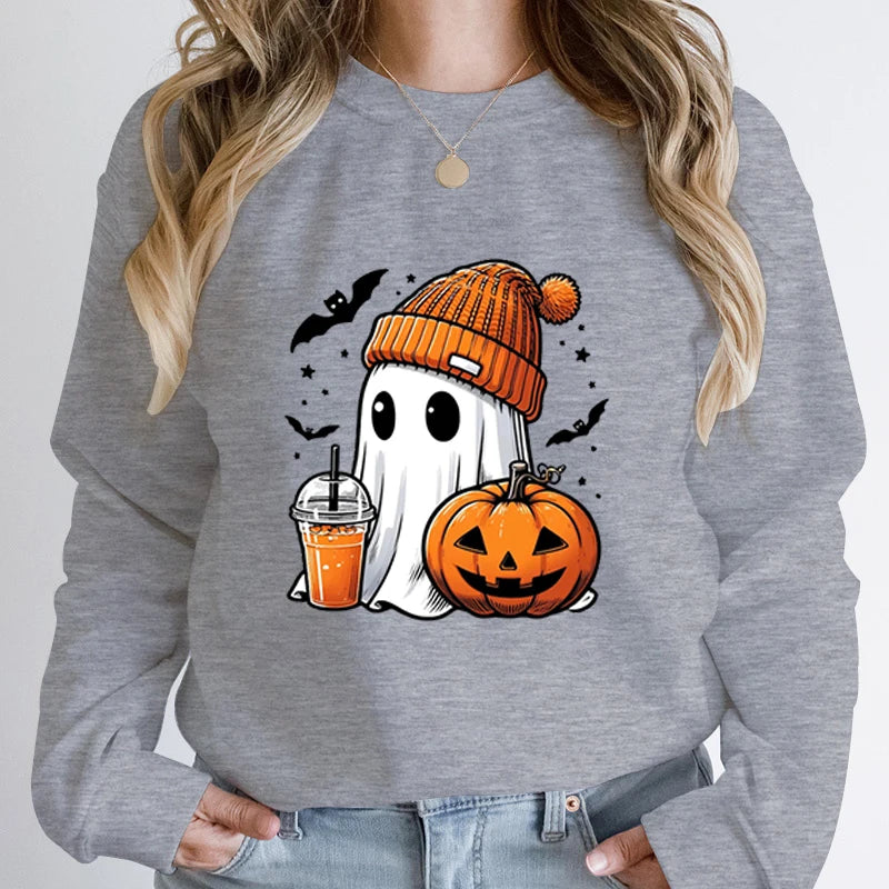 Women’s Halloween Sweatshirt – Creative Ghost, Pumpkin & Bat Print Long Sleeve Pullover, Hoodeless Fall Top