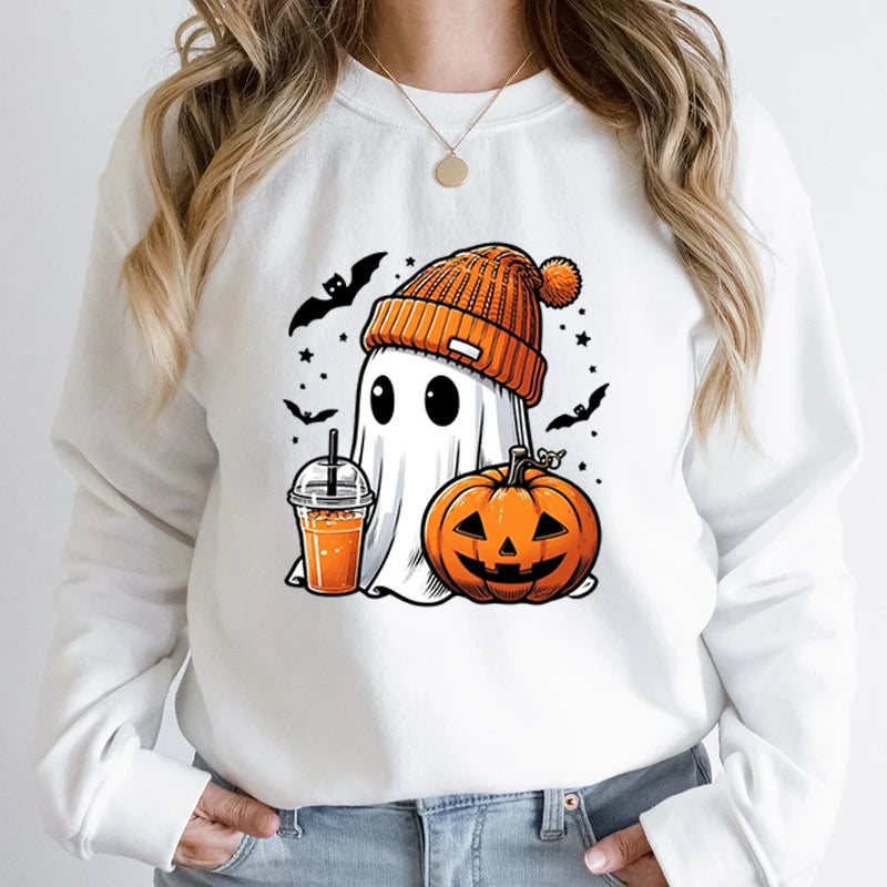 Women’s Halloween Sweatshirt – Creative Ghost, Pumpkin & Bat Print Long Sleeve Pullover, Hoodeless Fall Top