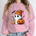 Women’s Halloween Sweatshirt – Creative Ghost, Pumpkin & Bat Print Long Sleeve Pullover, Hoodeless Fall Top