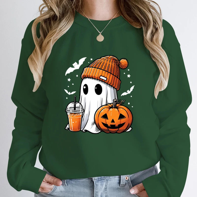 Women’s Halloween Sweatshirt – Creative Ghost, Pumpkin & Bat Print Long Sleeve Pullover, Hoodeless Fall Top