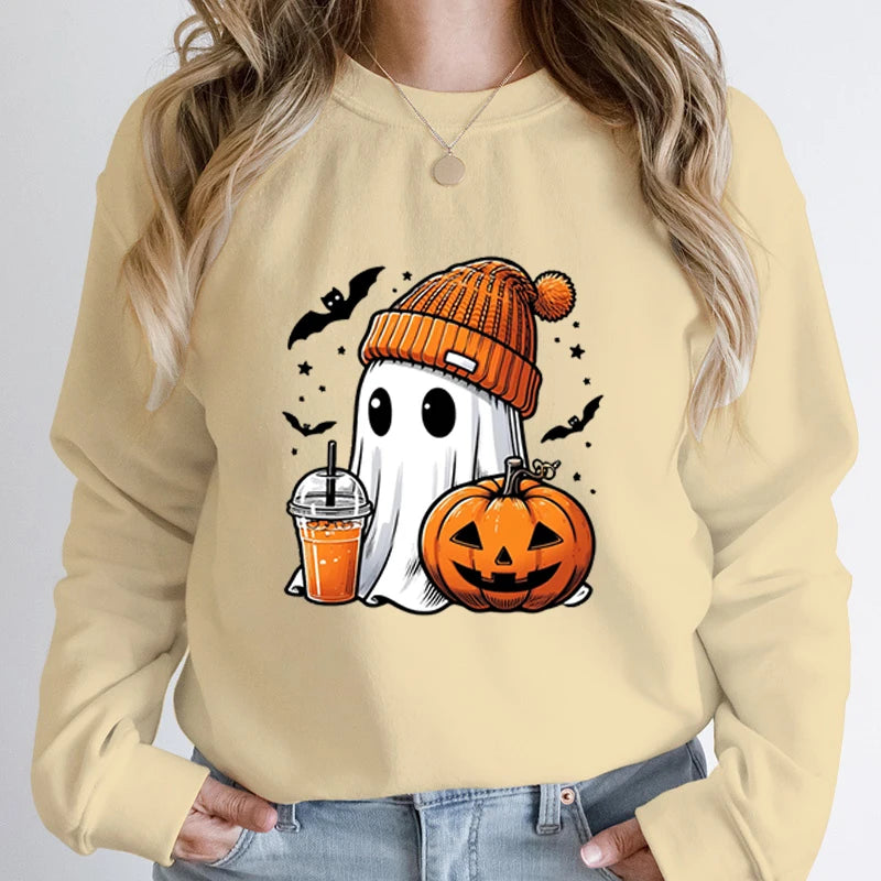 Women’s Halloween Sweatshirt – Creative Ghost, Pumpkin & Bat Print Long Sleeve Pullover, Hoodeless Fall Top