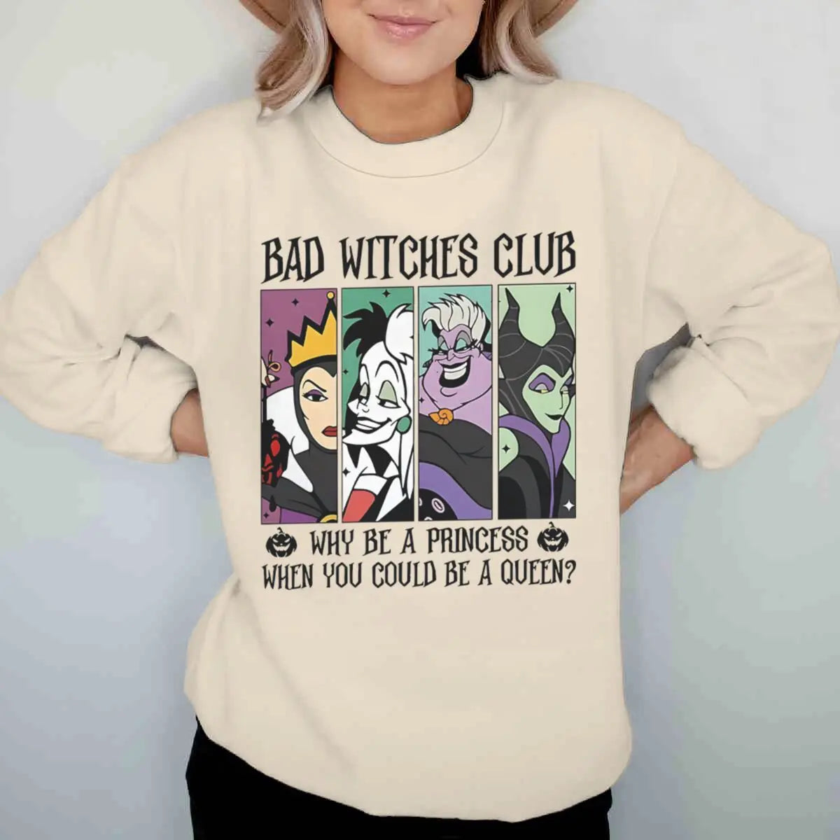 Vintage Disney Bad Witches Club Sweatshirt – Women’s Halloween Crewneck Pullover, Long Sleeve Fall & Winter Top