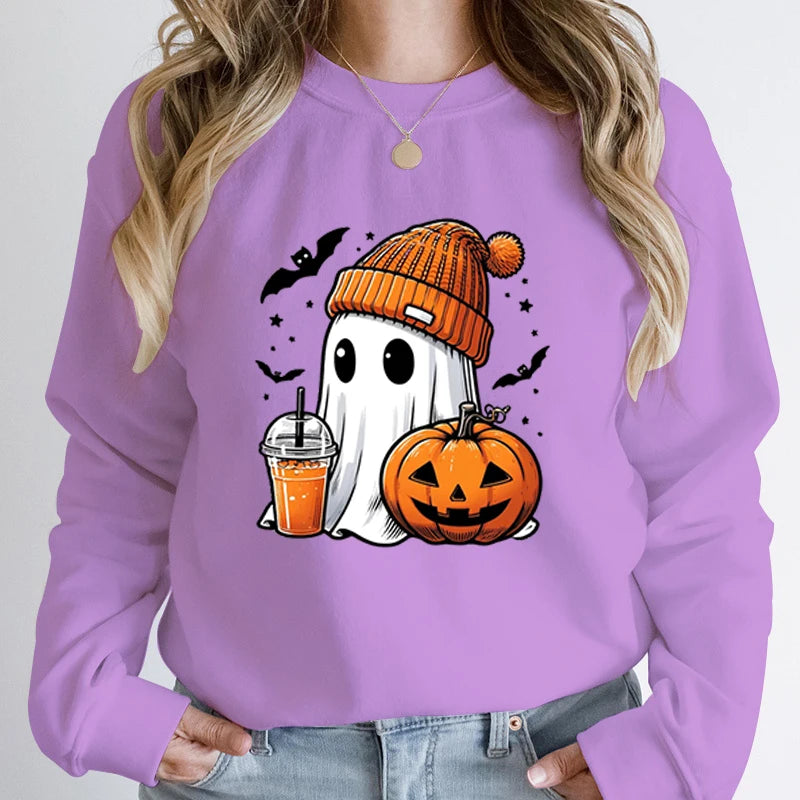 Women’s Halloween Sweatshirt – Creative Ghost, Pumpkin & Bat Print Long Sleeve Pullover, Hoodeless Fall Top