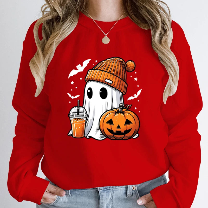 Women’s Halloween Sweatshirt – Creative Ghost, Pumpkin & Bat Print Long Sleeve Pullover, Hoodeless Fall Top