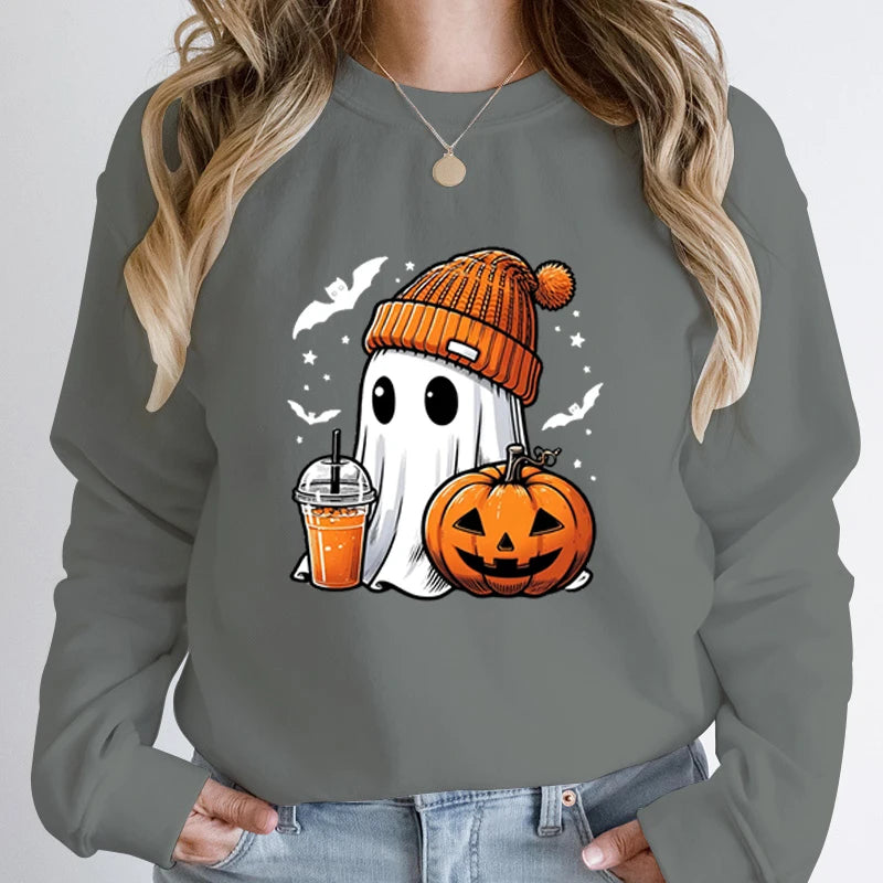 Women’s Halloween Sweatshirt – Creative Ghost, Pumpkin & Bat Print Long Sleeve Pullover, Hoodeless Fall Top