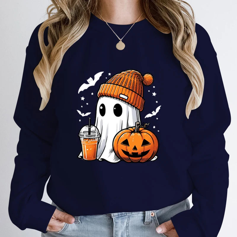 Women’s Halloween Sweatshirt – Creative Ghost, Pumpkin & Bat Print Long Sleeve Pullover, Hoodeless Fall Top