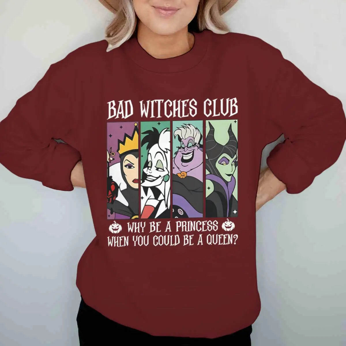 Vintage Disney Bad Witches Club Sweatshirt – Women’s Halloween Crewneck Pullover, Long Sleeve Fall & Winter Top