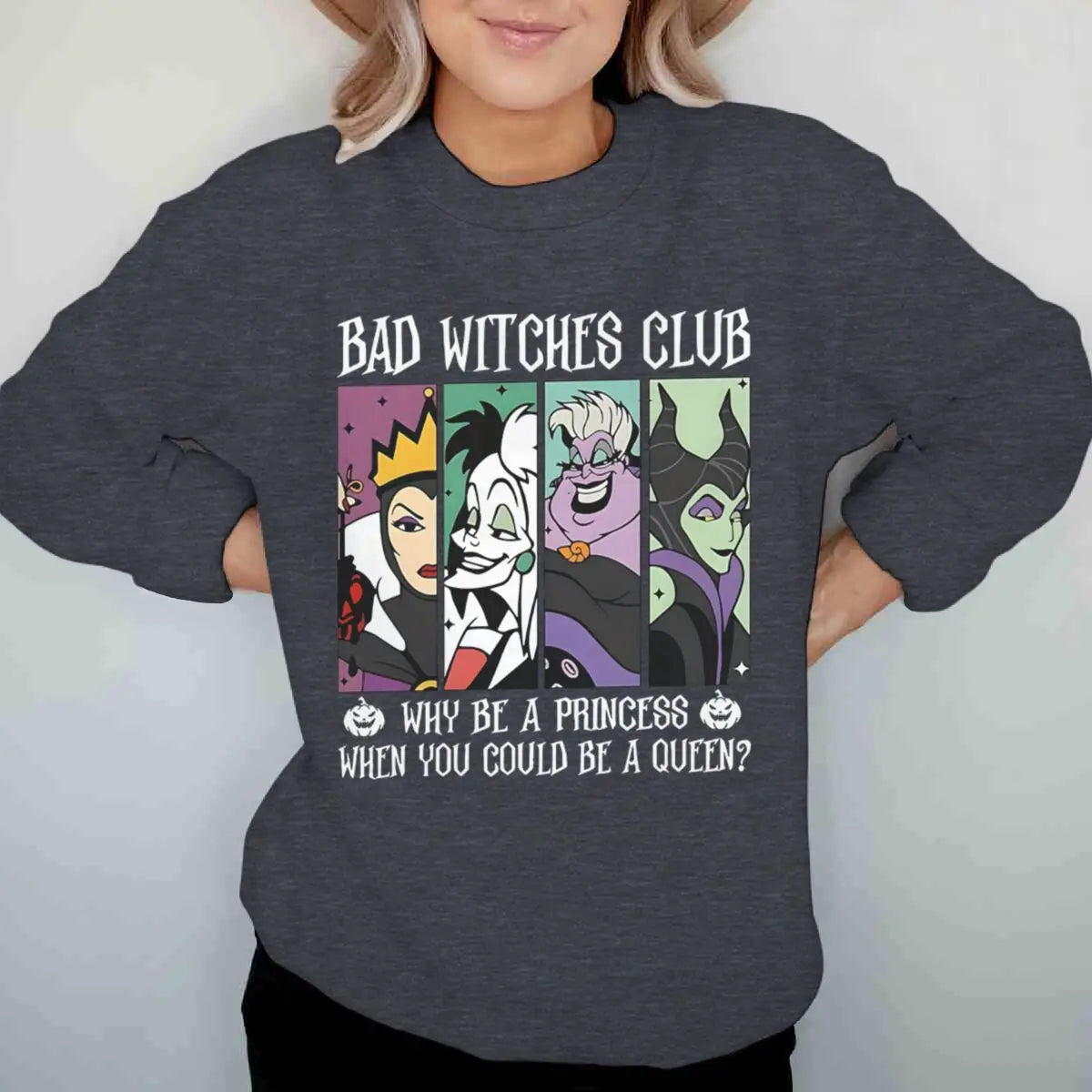 Vintage Disney Bad Witches Club Sweatshirt – Women’s Halloween Crewneck Pullover, Long Sleeve Fall & Winter Top