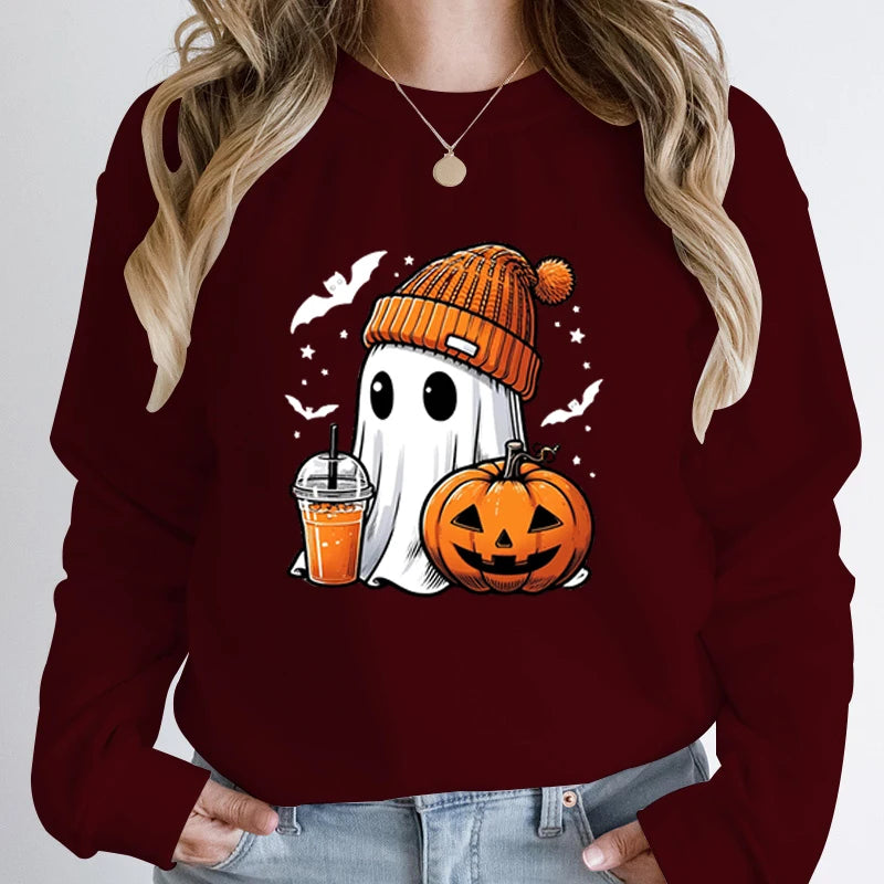 Women’s Halloween Sweatshirt – Creative Ghost, Pumpkin & Bat Print Long Sleeve Pullover, Hoodeless Fall Top