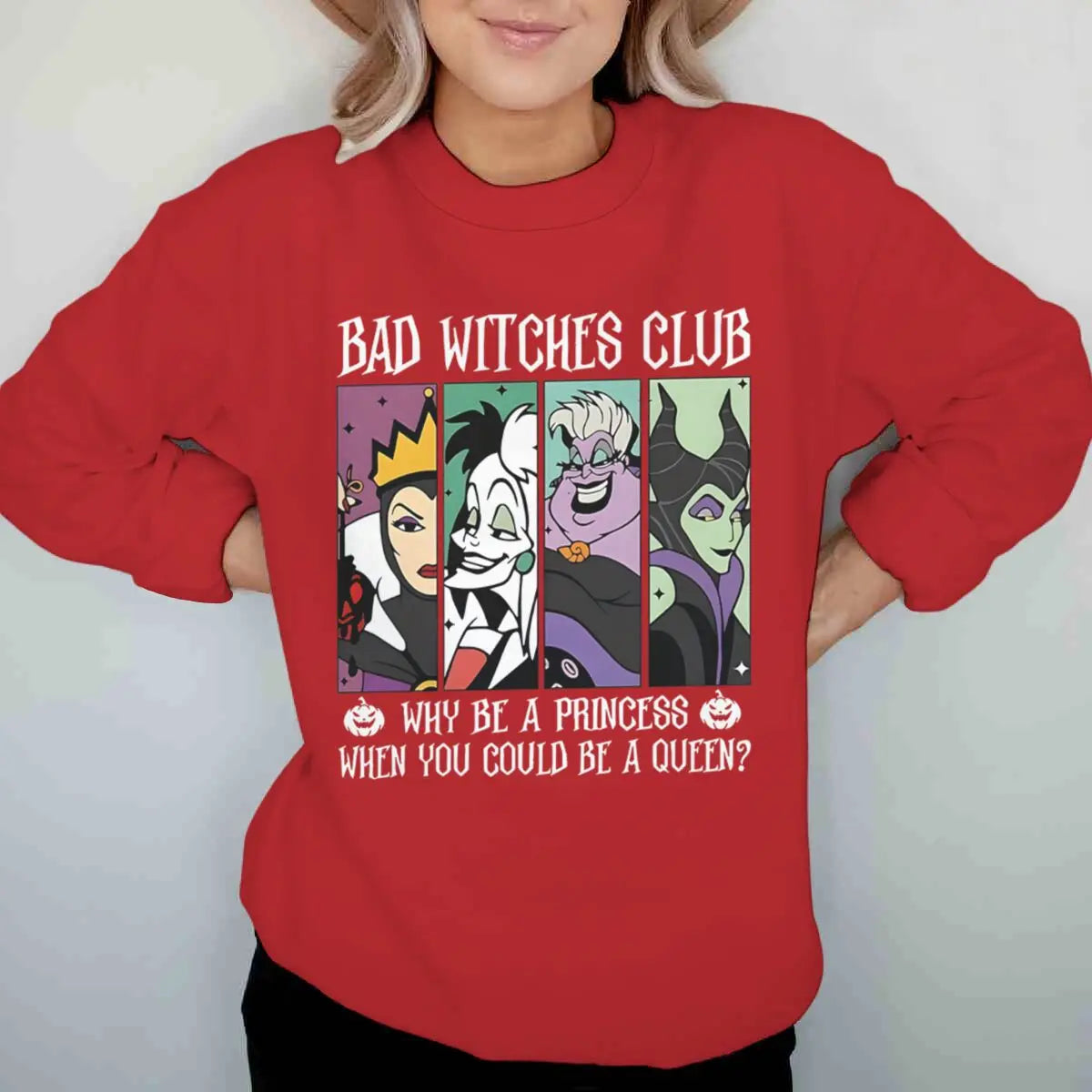 Vintage Disney Bad Witches Club Sweatshirt – Women’s Halloween Crewneck Pullover, Long Sleeve Fall & Winter Top