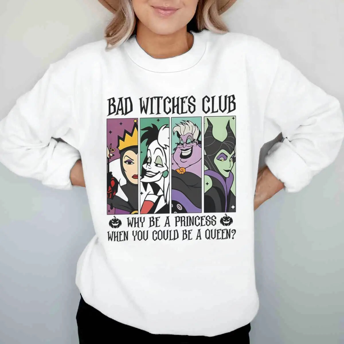 Vintage Disney Bad Witches Club Sweatshirt – Women’s Halloween Crewneck Pullover, Long Sleeve Fall & Winter Top