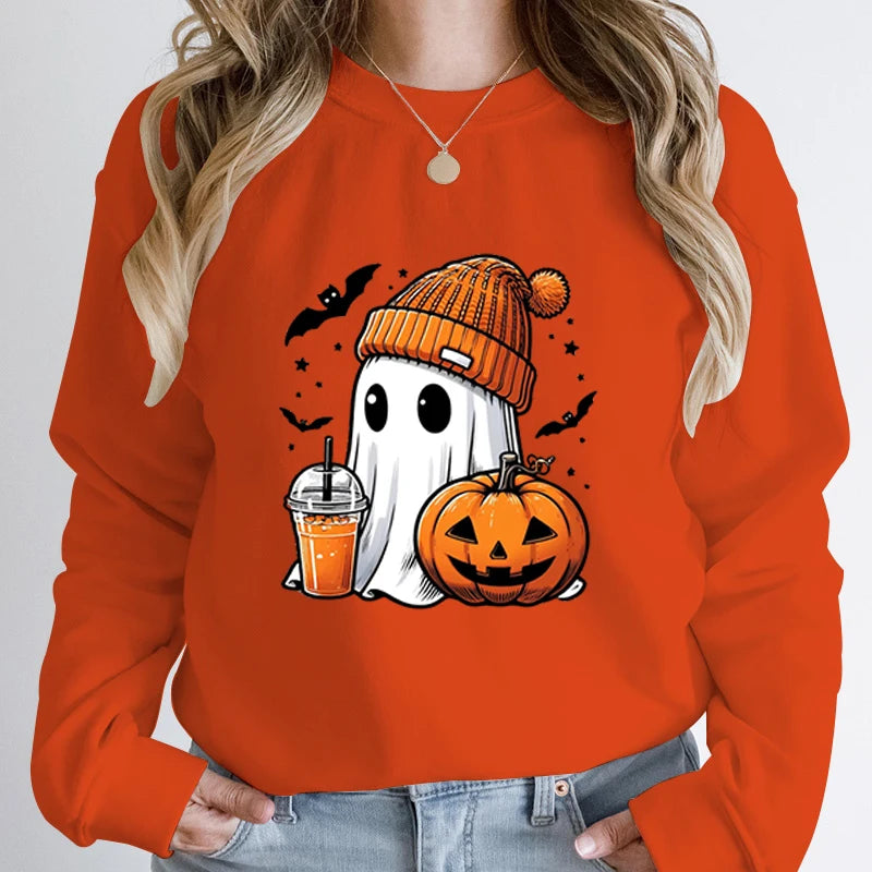 Women’s Halloween Sweatshirt – Creative Ghost, Pumpkin & Bat Print Long Sleeve Pullover, Hoodeless Fall Top